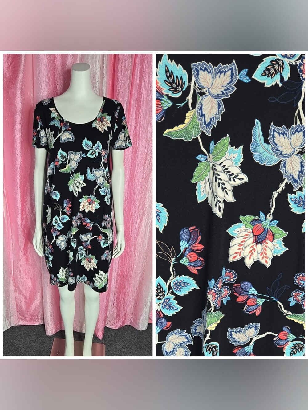 J. Jill Wearever Collection Black Floral Jersey Knit Dress Size Medium Petite